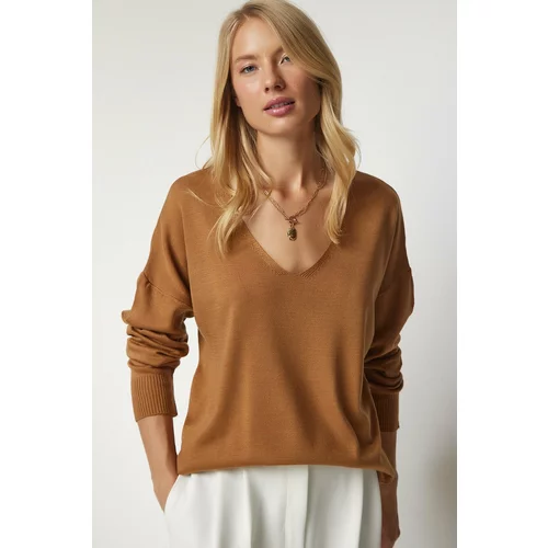 Happiness İstanbul Women's Biscuit V-Neck Thin Knitwear Sweater