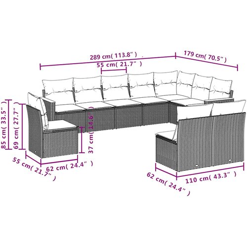  10-dijelni set vrtnih sofa s jastucima crni od poliratana Crna 62 x 62 x 69 cm Slike
