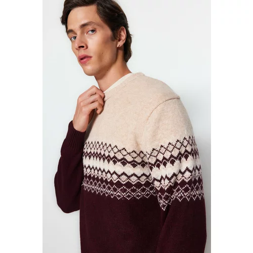 Trendyol Claret Red Men's Slim Fit Crew Neck Panel Jacquard Knitwear Sweater