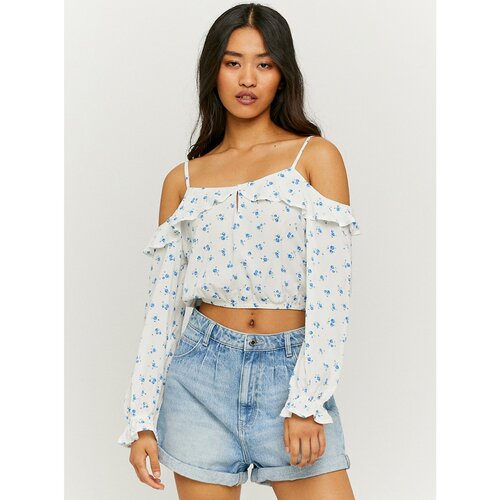 TALLY WEiJL Blue-white flowered short blouse with ruffles - Women Slike