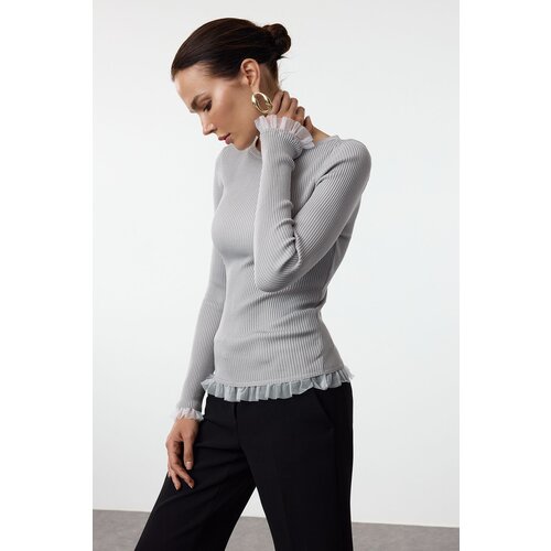 Trendyol Gray Tulle Detailed Thin Knit Sweater Slike