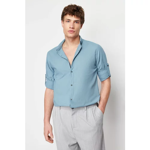 Trendyol Men's Blue Slim Fit Buttoned Collar Epaulette 100% Cotton Shirt