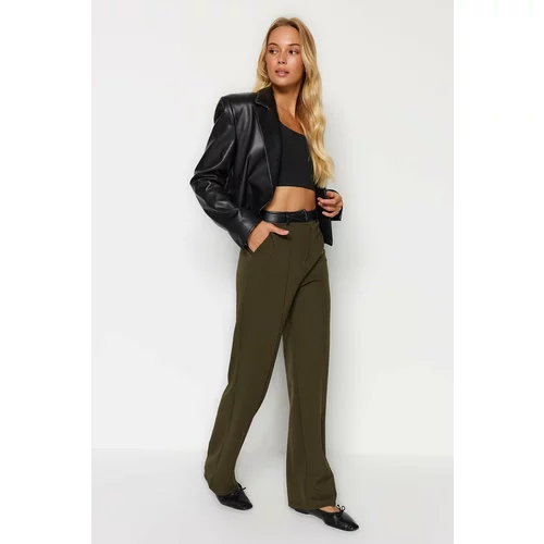 Trendyol Khaki Waist with Imitation Leather Detail, Textured Fabric High Waist, Straight Fit Knitted Pants