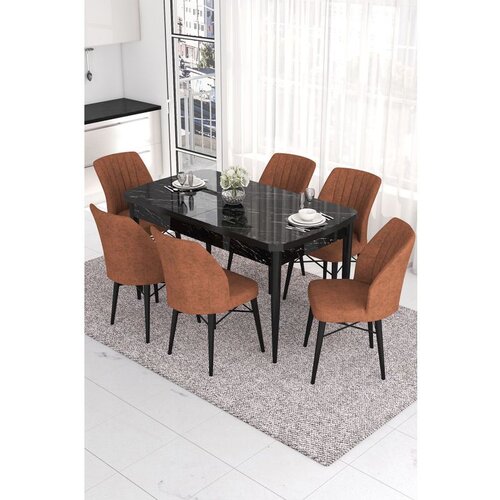 Hanah home Eva - Black Marble, Tile Red Black MarbleTile Red Extendable Dining Table & Chairs Set (7 Pieces) Cene