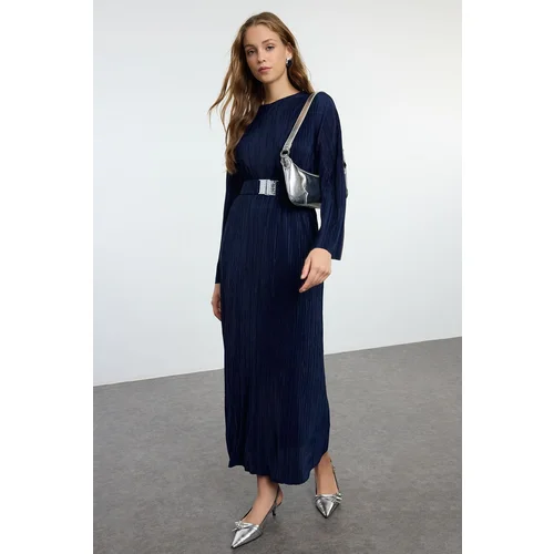 Trendyol Navy Blue Pleated Belt Detailed Knitted Dress