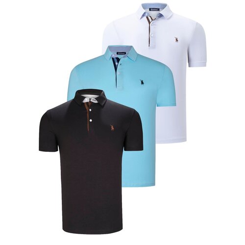 Dewberry TRIPLE SET T8582 MENS T-SHIRT-BLACK-WHITE-CYAN Cene