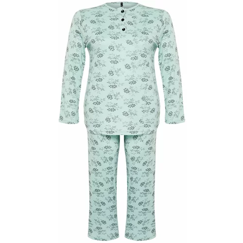 Trendyol Curve Mint Buttoned Floral Pattern Knitted Pajamas Set