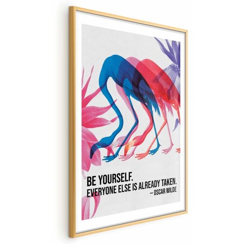  Plakat - Colorful Repetition - three flamingo silhouettes with an inspiring quote 40x60 Zlatni okvir s margom Cijene