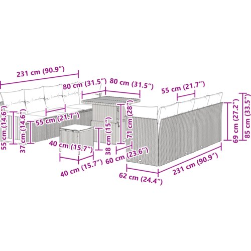  Set od 11 komada vrtni sofa s jastučićima crni poli ratan akacija Slike