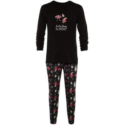 Trendyol Men's Black Printed Regular Fit Knitted Pajamas Set Slike