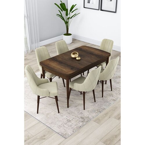 Hanah home trpezarijski set Lia, sto na razvlačenje i 6 stolica, ploča u dekoru drveta Baroque, krem tkanina Babyface Cene