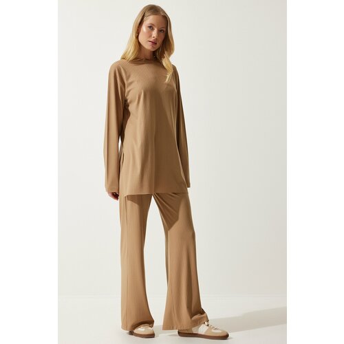 Happiness İstanbul Women's Biscuit Ribbed Knitted Blouse Pants Suit Slike
