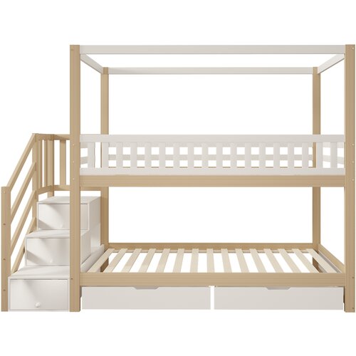 Möbrio Pogradna postelja iz masivnega lesa 90x200cm - s 4 predali in lestvijo za shranjevanje - bela in naravna, (22060429) Cene