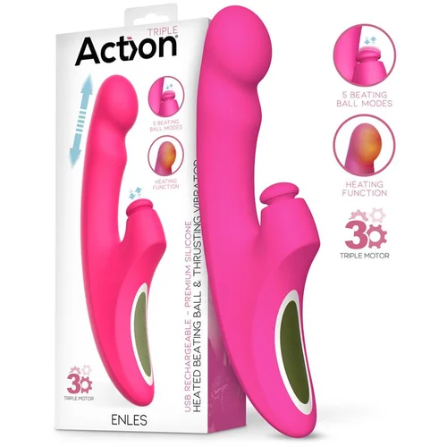 Action Enles Triple Motor Vibrator with Heated Beating Ball & Thrusts Pink