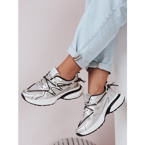 DStreet Sportowe sneakersy damskie na płaskiej podeszwie LUXORUNS srebrne Cene