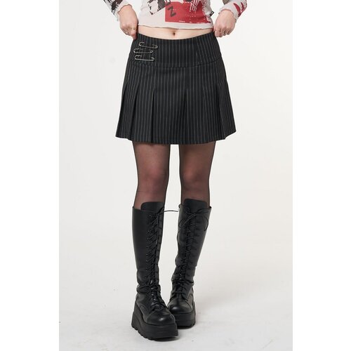 Madmext Women's Black Striped Pleated Short Skirt Slike