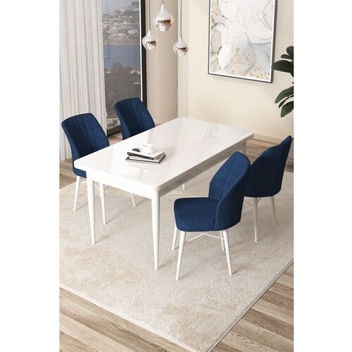 Hanah home Arp - White, Navy Blue WhiteNavy Blue Dining Table & Chairs Set (5 Pieces) Cene