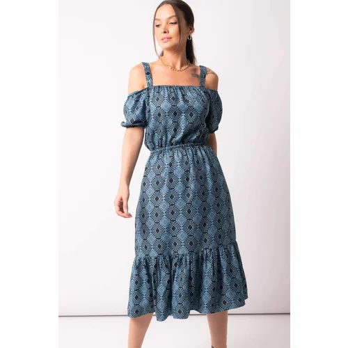 armonika Women's Blue Patterned Waist Elastic Strap Dress