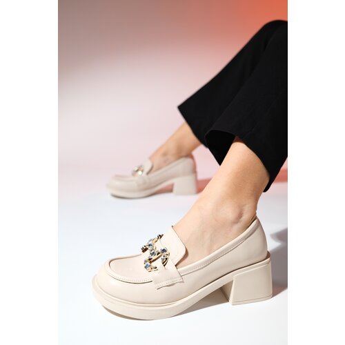 LuviShoes ANGLO Women's Beige Skin Stone Buckle Chunky Heel Shoes Slike