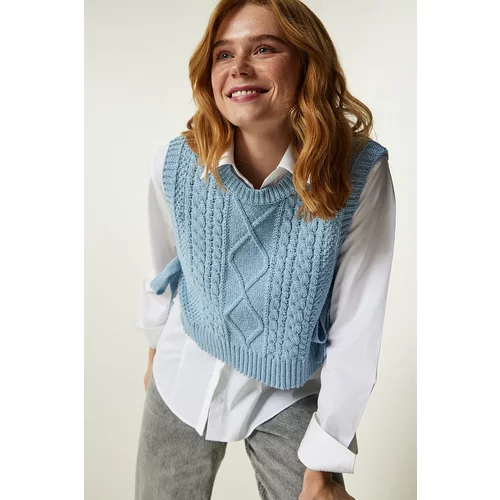 Happiness İstanbul Women's Sky Blue Motif Tie Crop Knitwear Sweater