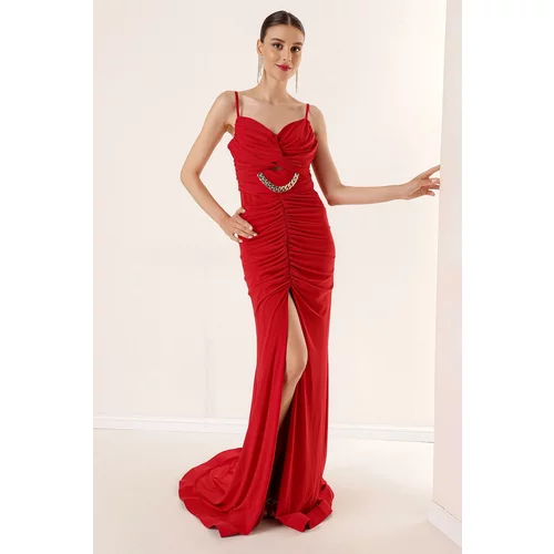 By Saygı Rope Strap Front Slit Draped Chain Detail Crystal Fabric Long Dress