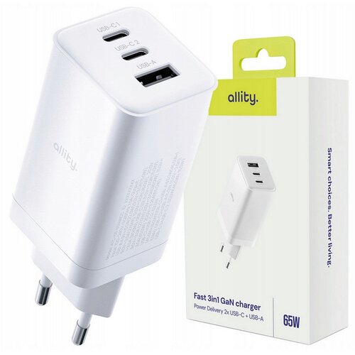 ALLITY zidni polnilec GaN PD QC ATC-01-65WACC 2x USB-C 1x USB-A 65W bela Cene