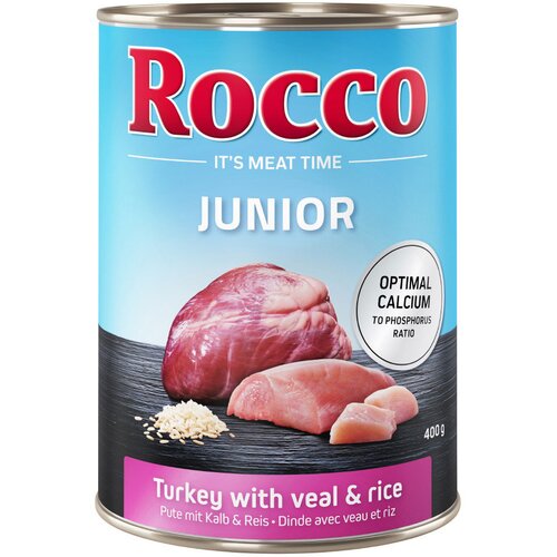 Rocco Ekonomično pakiranje: Junior 24 x 400 g - Puretina i teleća srca + kalcij Cijene