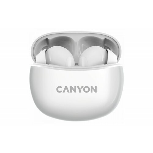 Canyon TWS-5 bluetooth headset, with microphone, bt V5.3 jl 6983D4, frequence Response:20Hz-20kHz, battery earbud 40mAh*2+Charging case 500mAh, type-c cable length 0.24m, size: 58.5*52.91*25.5mm, 0.036kg, white Slike