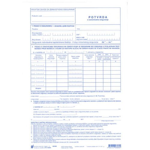 NARODNE NOVINE-UT V-420/A POTVRDA O OSNOVICAMA OSIGURANJA; Arak, 21 x 29,7 cm Slike