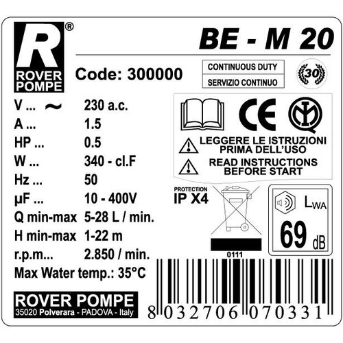 Rover pretočna črpalka BE-M20 ROV 300000CE Cene