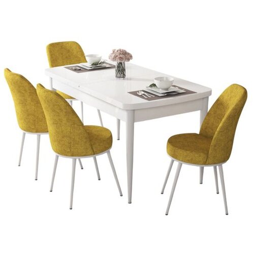 Hanah home trpezarijski set Via, sto na razvlačenje i 4 stolice, bela ploča, senf žuta tkanina Jerry Cene