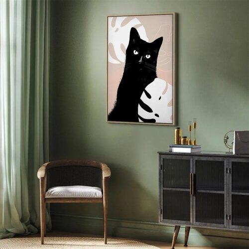  Slika - Cat in Monsteras (1 Part) Vertical 60x90 U prirodnom drvenom okviru Slike
