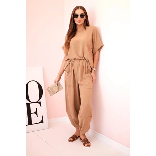 Kesi Włoski Viscose blouse + pants set camel Slike