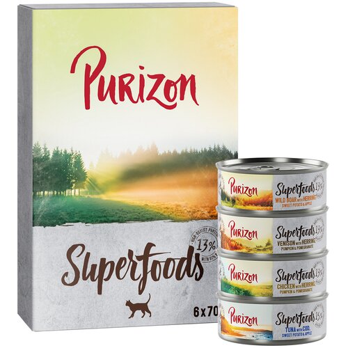 Purizon Superfoods 6 x 70 g - Mešano pakiranje (2x piščanec, 2x tuna, 1x divji prašič, 1x divjačina) Cene