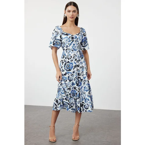 Trendyol Blue Floral Patterned A-Line Balloon Sleeve Floral Patterned Midi Woven Dress