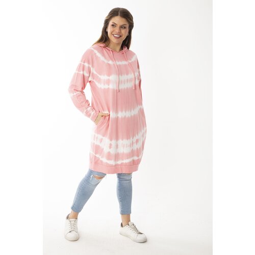 Şans Women's Plus Size Pink Tie Dye Patterned Long Sweatshirt with a hoodie Cene