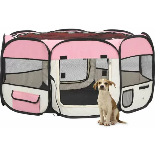  Zložljiva pasja ograjica s torbo roza 145x145x61 cm