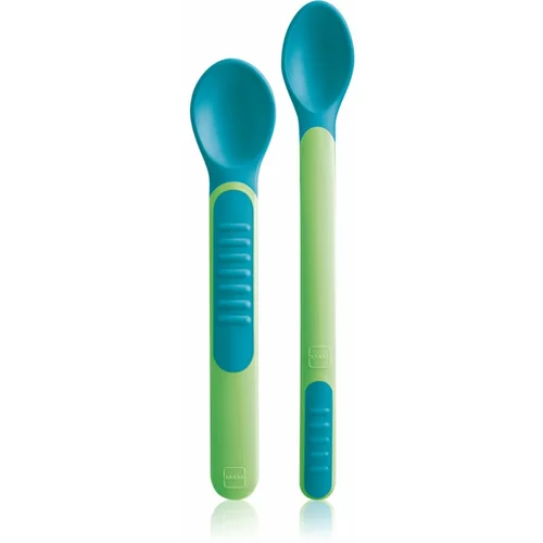 Mam Heat Sensitive Spoons & Cover 6m+ Green darovni set duga žlica 1 kom + kratka žlica 1 kom + kutija za žlicu za djecu