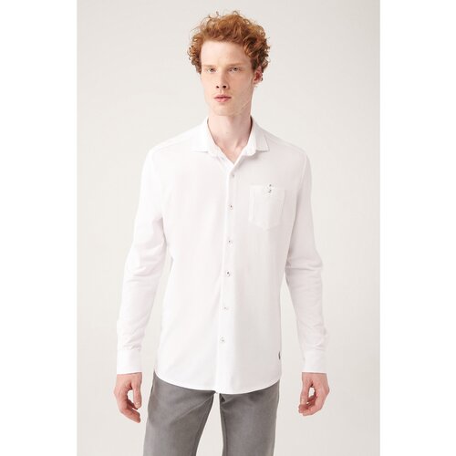 Avva Men's White 100% Cotton Classic Collar Pocket Standard Fit Normal Cut Knitted Shirt Slike