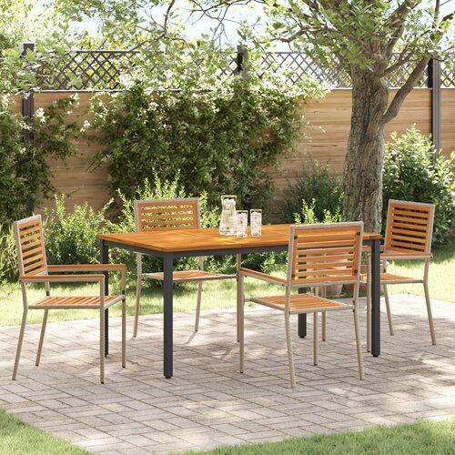 vidaXL 5-delna vrtna jedilna garnitura Bež Poli ratan Akacija, Zložljivi vrtni stoli s blazinami - Set 2 v Bež Poli ratan, Vrtna miza 150x90x75 cm Trden Acacia les in kovina Cene