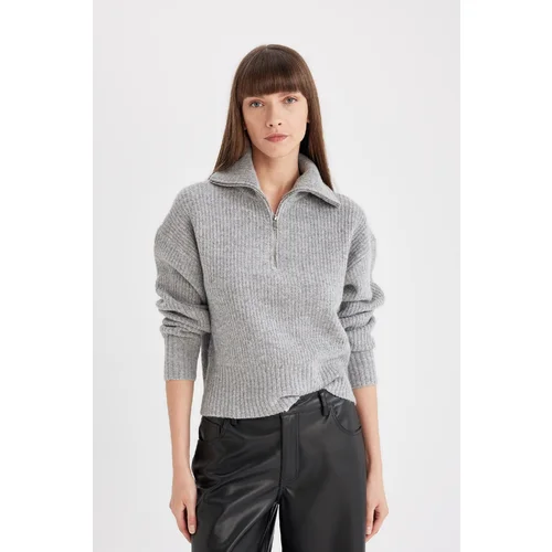 Defacto Women's Gray Relax Fit Half Zipper Stand Collar Thessaloniki Fabric Sweater