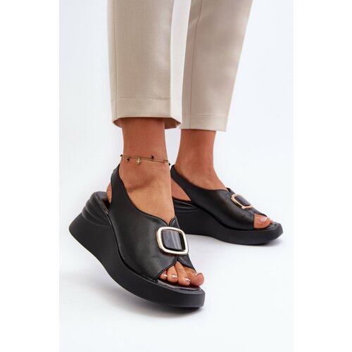 Kesi Women's leather wedge sandals with embellishments, black Salvania Slike
