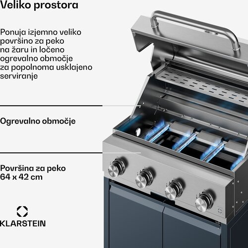 Klarstein WaldChef plinski ro&amp;scaron;tilj | 4 plamenika | 30 mbar | 12800 W | Re&amp;scaron;etka od lijevanog željeza | Nehrđajući čelik Slike