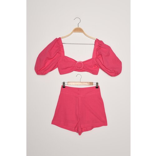 Trendyol Pink Balloon Sleeve Buckled Shorts Blouse Set Slike