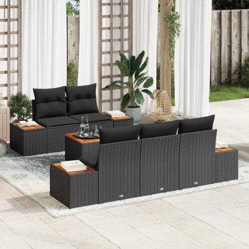 vidaXL 6-delni vrtni kavč set s blazinami črn poli ratan acacia Cene