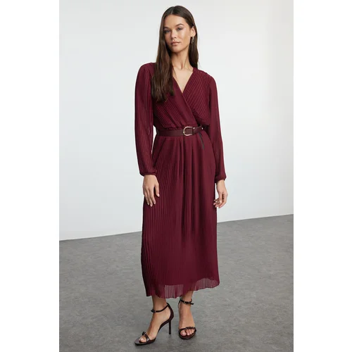 Trendyol Burgundy Belted A-Line Pleated Maxi Lined Chiffon Woven Dress