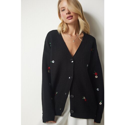 Happiness İstanbul Women's Black Floral Embroidered One Button Knitwear Cardigan Slike
