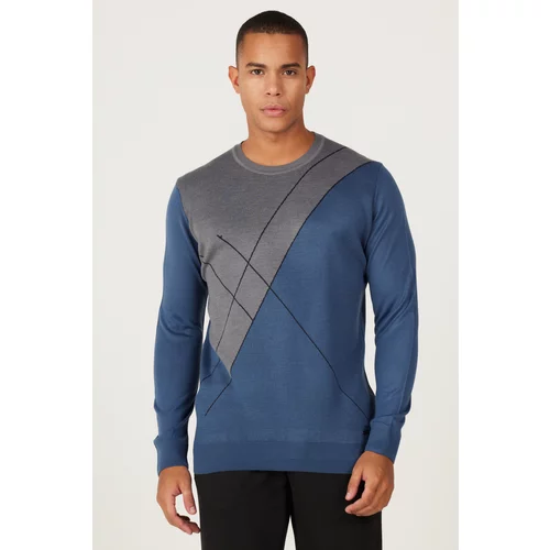 ALTINYILDIZ CLASSICS Men's Indigo-Grey Standard Fit Regular Cut Crew Neck Patterned Knitwear Sweater