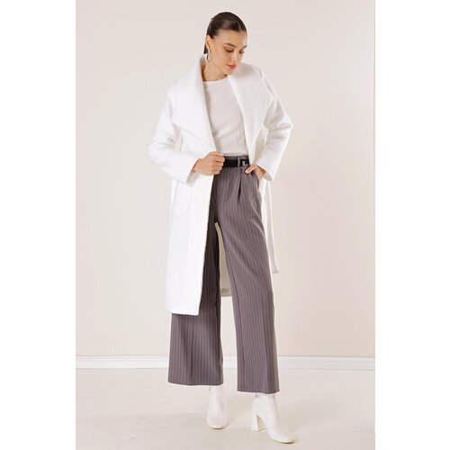 By Saygı Waist Belted Bag Pocket Lined Felt Boucle Coat Slike