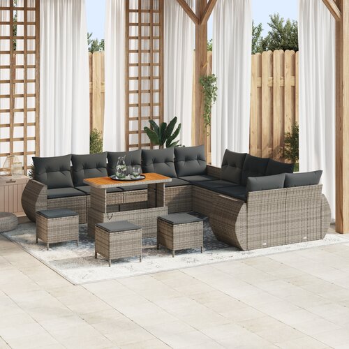 vidaXL 14-delni vrtni sofa set z blazinami siva poli ratan akacija, 4-delni vrtni jedilni set z blazinami siva poli ratan akacija Cene